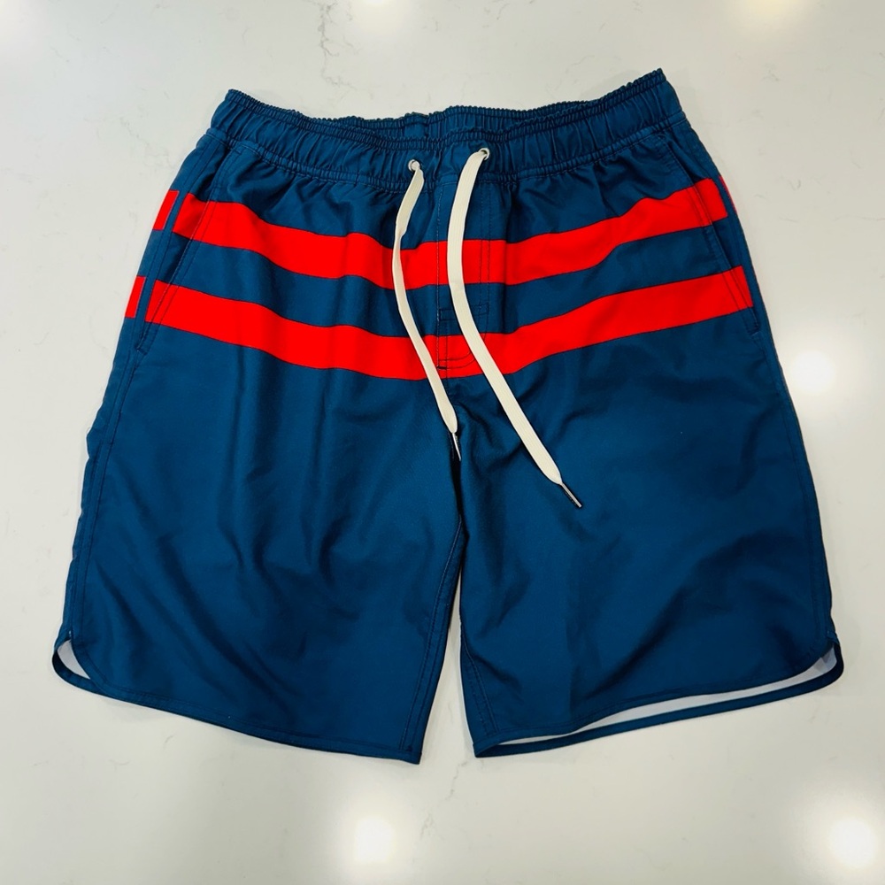 Fair Harbor Navy Swim Shorts with Red Stripes
